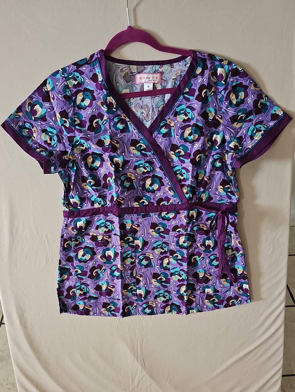 Women’s Purple Floral Wrap Tunic with Teal Accents - V-Neck Tie Waist